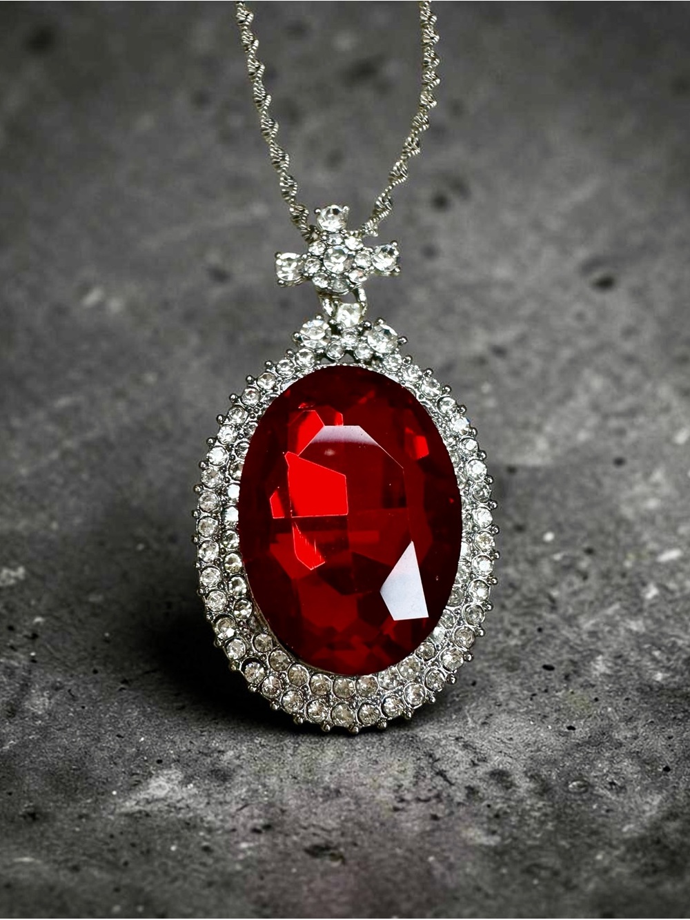750/18k White Gold Plated Ruby Red Crystal Halo Statement Necklace 17”